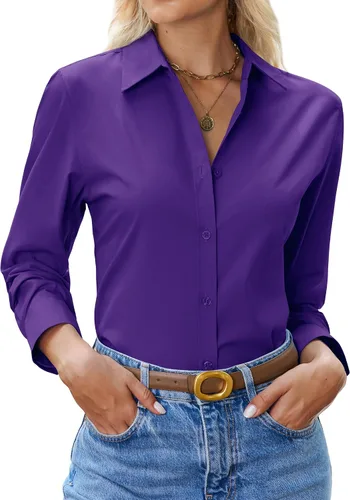 Miniatura 13 de siliteelon Camisa con botones para mujer: camisa de vestir con cuello de manga larga de algodón con botones, blusa de trabajo y oficina