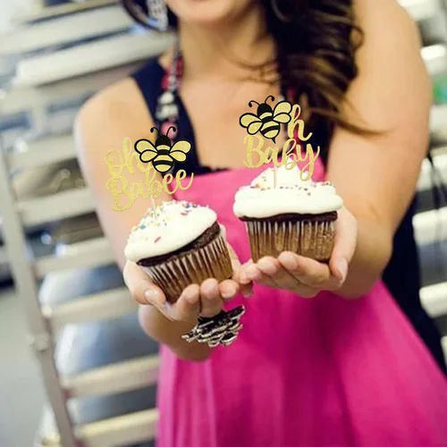 Miniatura 5 de Rsstarxi Paquete de 36 adornos para cupcakes Bee Oh Babee con purpurina Bumble Bee Oh Baby para cupcakes, decoración de pasteles de baby shower