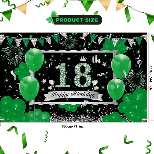 Miniatura 7 de Cartel verde de cumpleaños número 18 – Cartel grande plateado de feliz 18 para niños y niñas – 73 x 44 pulgadas
