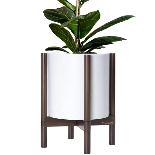 Miniatura 10 de Maceta de D'vine Dev con soporte - Maceta de flores de cilindro de plástico de 8.0 pulgadas con soporte de madera para interiores, maceta mate negra