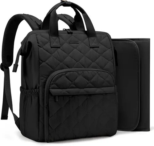 LOVEVOOK Mochila pequeña para pañales, mini bolsa de bebé para niña y niño con cambiador, mochila para pañales para mamá papá con hebillas para Negro