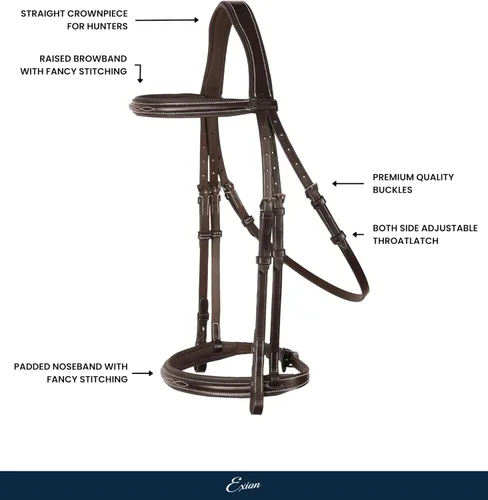 Miniatura 2 de Exion - Brida de cazador prémium para caballos ingleses, banda de cejas cosida de diseñador y corona anatómica con riendas de goma Brida cazadora