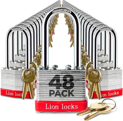 Miniatura 10 de Lion Locks 4 Candados de Llave Igual con Grillete Largo de 2", 8 Llaves, Candado de Acero Endurecido, Cilindro de Pines de Latón Resistente a