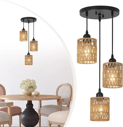 Miniatura 9 de LAMSU Lámpara colgante de 3 luces de ratán, accesorios de iluminación de techo estilo granja para comedor, lámpara colgante estilo boho