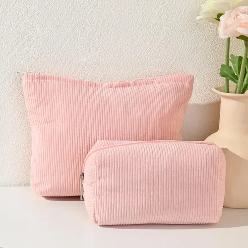Miniatura 7 de SOIDRAM 2 Piezas Bolsa de Maquillaje Grande de Corduroy, Bolsa de Cosméticos de Lona de Gran Capacidad, Bolsa de Viaje y Artículos de Aseo, rosado