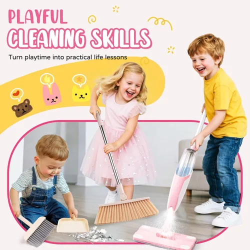 Miniatura 6 de Juego de juguetes de limpieza para niños, mini trapeador de aerosol rosa, juguetes Montessori, herramienta de limpieza para niños pequeños