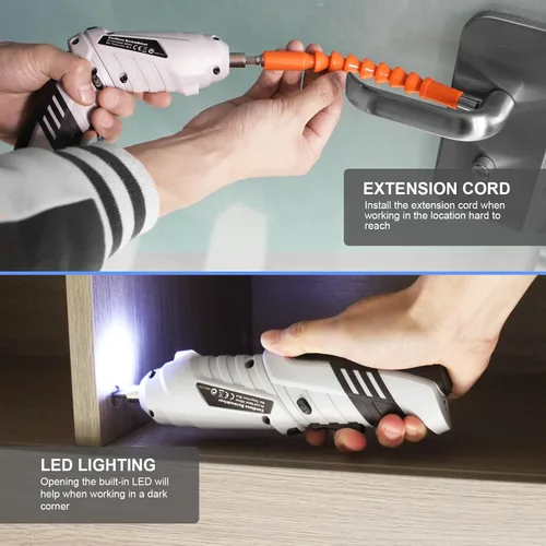 Miniatura 5 de Pequeño destornillador eléctrico, mini juego de taladros, destornillador inalámbrico recargable de 3.6 V con 47 puntas de controlador, herramienta