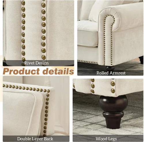 Miniatura 6 de Juego de sofá moderno y sofá biplaza Chesterfield de chenilla de lujo, cómodo sofá tapizado con asiento profundo con reposabrazos enrollados y Beige