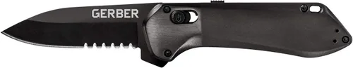 Gerber Gear Highbrow - Navaja de bolsillo compacta con apertura asistida, hoja de borde dentado, color negro