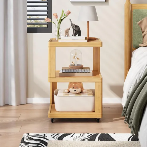 Miniatura 3 de ZIYOO Mesa auxiliar móvil de madera maciza de 3 niveles con ruedas, mesita de noche de madera, organizador de almacenamiento de diseño flotante