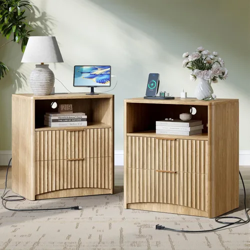 Miniatura 25 de Evermagin Mesita de noche acanalada, mesita de noche de roble natural con cajón y almacenamiento, mesa auxiliar de madera moderna de mediados