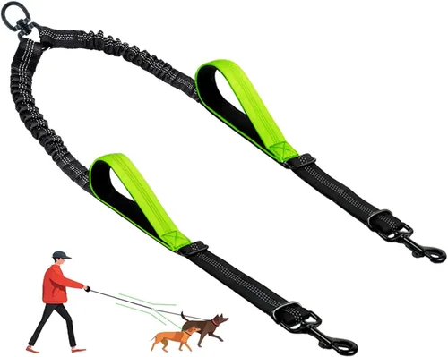 Miniatura 11 de Correa doble para perro, divisor sin enredos para dos perros, acoplador con cuerda de plomo larga ajustable, asas de control dual, elástico