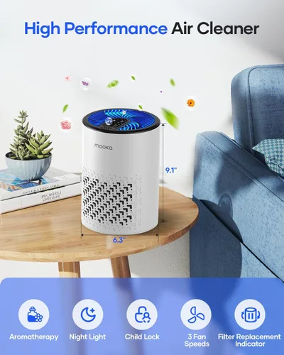 Miniatura 6 de Purificadores de aire para dormitorio y hogar, purificador de aire MOOKA HEPA para hogar y mascotas con esponja de fragancia para humo, polvo, Blanco