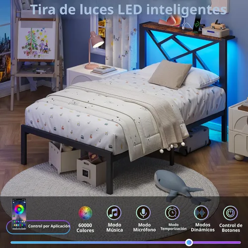 Miniatura 4 de ChicZhiNest Armazón de cama de metal negro tamaño twin con estación de carga USB, iluminación ambiental LED y cabecera de almacenamiento de madera