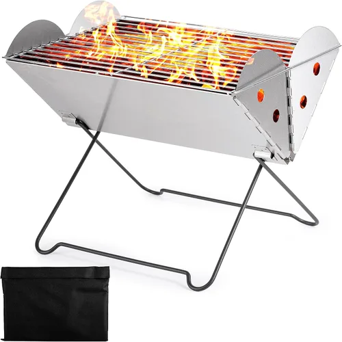 ZONETECH Parrilla portátil de acero inoxidable y hoguera, parrilla de carbón de mesa, plegable, calidad premium, uso versátil, parrilla de barbacoa