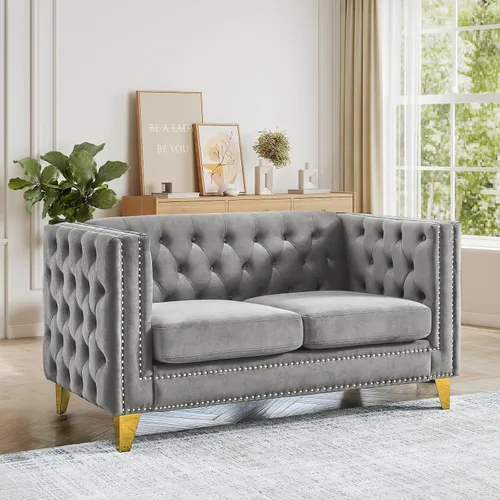 Miniatura 14 de JEEOHEY Juego de Sofás Chesterfield de 2, Sofá Moderno de Terciopelo con Capitoné y Ribete de Tachuelas, Sofá Tapizado de Asiento Profundo, Sofá