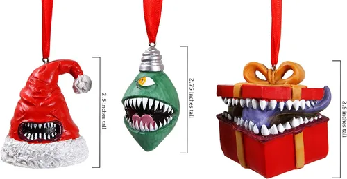 Miniatura 2 de Forged Dice Co. Monstrous Merrymakers - Juego de 3 adornos de resina y pintados a mano con sombrero de Papá Noel, bombilla de árbol de Navidad