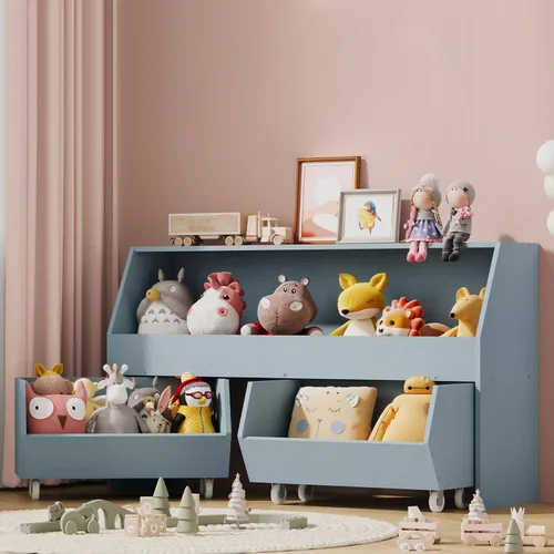 Miniatura 8 de Almacenamiento y organizador de juguetes para niños, estantería grande con contenedor de juguetes y gabinete de juguetes con dos cajones móviles
