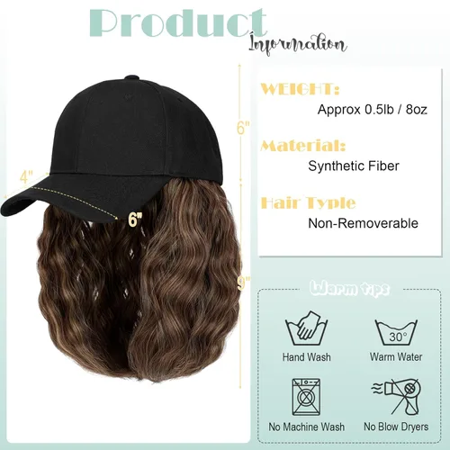 Miniatura 4 de Peluca de gorra de béisbol para mujer, gorra de béisbol con extensiones de cabello, gorra ajustable adjunta de 15 pulgadas, peluca sintética corta