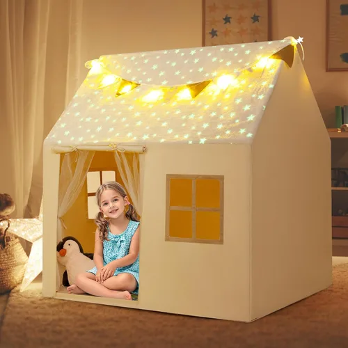 Costzon Tienda de campaña para niños con alfombrilla acolchada, castillo para niños pequeños con cuerda ligera, tela que brilla en la oscuridad,
