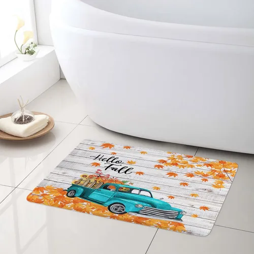 Miniatura 4 de Alfombra de baño con diseño de girasol amarillo otoñal y calabaza naranja sobre camión azul vintage, tapete de baño con texto en inglés "Hello