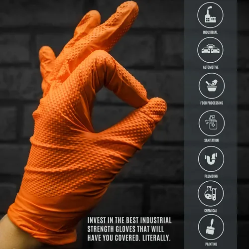 Miniatura 7 de MED PRIDE Maxx Strength - Guantes industriales de nitrilo naranja, 8 mil de grosor, textura de diamante, desechables, resistentes, resistentes a