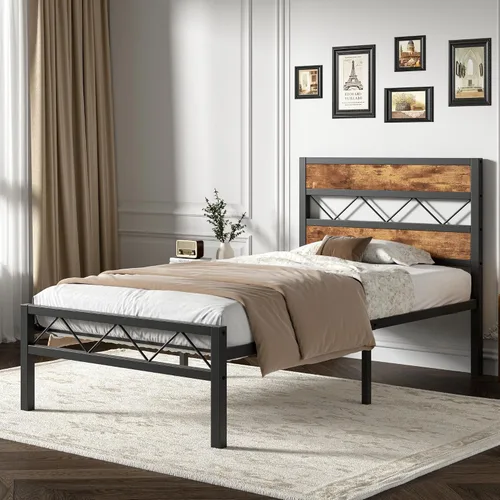 Miniatura 3 de VECELO Base de cama tamaño individual con cabecero, plataforma resistente con soporte de listones de metal, no necesita somier, fácil montaje, negro