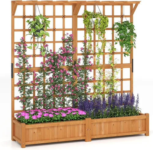 Miniatura 12 de Maceta de Jardín de Madera Giantex con Enrejado, Cama Elevada de 180 cm para Jardín, Enrejado Alto para Plantas Trepadoras y Flores, Maceta