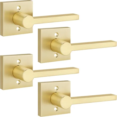 Miniatura 42 de EHOMEWARE Juego de manijas de puerta delantera doradas, palanca de puerta cuadrada resistente de latón y cerrojo de un solo cilindro reversible
