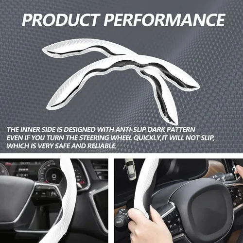 Miniatura 6 de 2 piezas fundas de volante de fibra de carbono de ajuste universal, antideslizante, protector de volante segmentado, accesorios interiores de Blanco