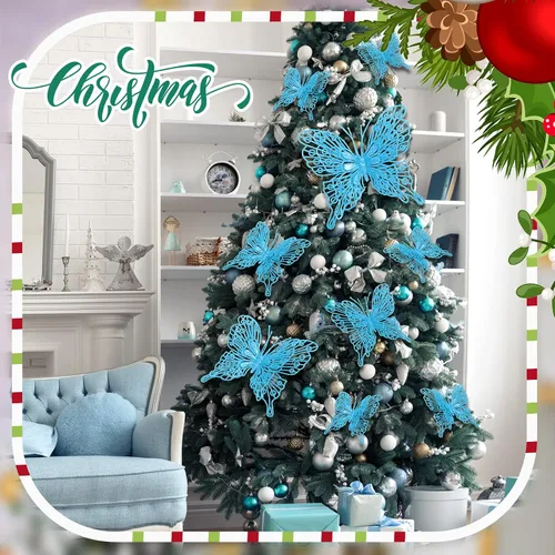 Miniatura 6 de Charniol 36 piezas de 3 tamaños para árbol de Navidad, decoraciones de mariposa hueca con purpurina, adornos colgantes con clips para manualidades