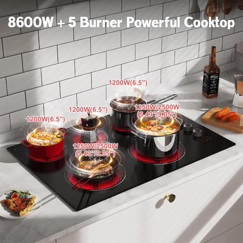 Miniatura 2 de Placa eléctrica de 30 pulgadas, 5 quemadores Karienvir, estufa eléctrica integrada de 8600 W, estufa de 30 pulgadas con quemador de doble anillo