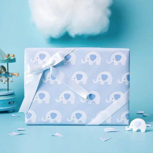 Miniatura 7 de WRAPAHOLIC - Papel de regalo reversible para bebé niño, rollo mini - 17 pulgadas x 33 pies - Lindo diseño de elefante azul, perfecto para baby Bebé