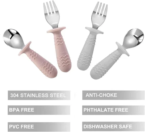 Miniatura 3 de PandaEar: juego de 4 cubiertos de silicona y acero inoxidable para bebés y niños pequeños, cubiertos, cucharas y tenedores para bebés, sin BPA