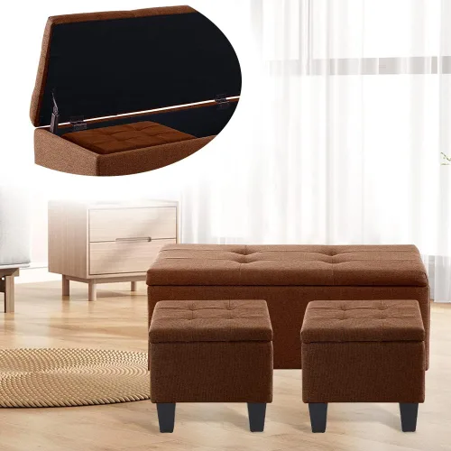 Miniatura 5 de Juego de banco otomano de almacenamiento grande de 3 piezas, banco de almacenamiento para ventana de lino con 2 reposapiés otomanos para sala