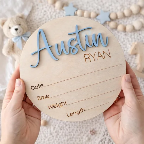 Letreros de madera de lujo personalizados con nombre de bebé, bebé próximamente, regalos de bienvenida recién nacido para niño o niña, estilo 01