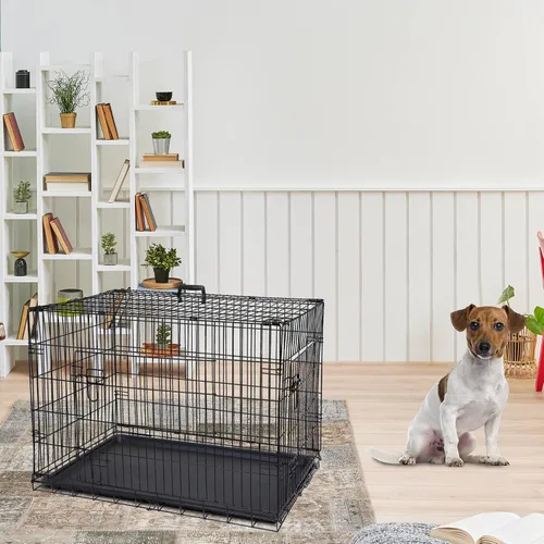 Miniatura 6 de Jaulas de doble puerta para perros de 36 pulgadas, jaula de alambre plegable de metal para perreras con bandeja para perros pequeños, medianos