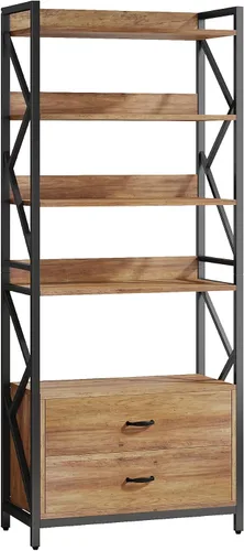 Miniatura 8 de Tribesigns Estantería con cajones, estantería industrial de 70.8 pulgadas con 2 cajones, 5 estantes abiertos para almacenamiento, estante de madera