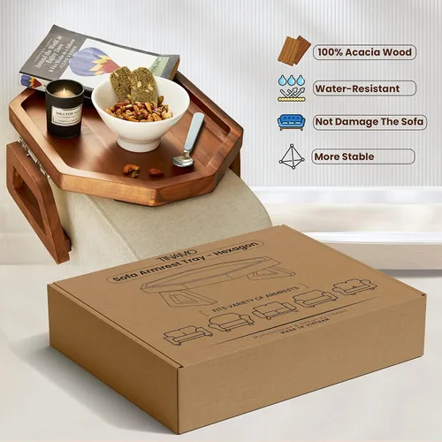 Miniatura 6 de Tinamo Bandeja para apoyabrazos de sofá octagonal de acacia, mesa de reposabrazos de sofá con brazos plegables - Caddy para sillón, bandeja con clip
