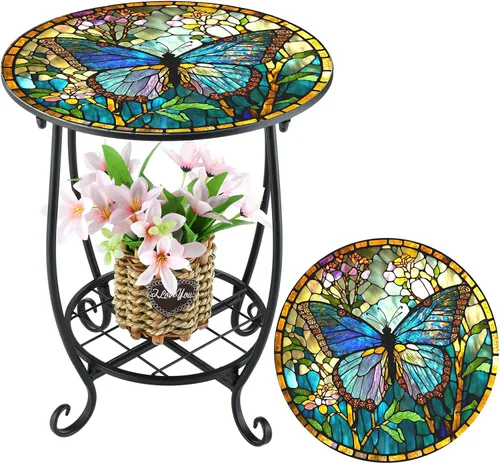 Miniatura 20 de Cinnvoice Mesa auxiliar redonda para exteriores, mosaico pequeño, decoración de patio, planta interior, mesa de té para patio, porche, jardín, sala