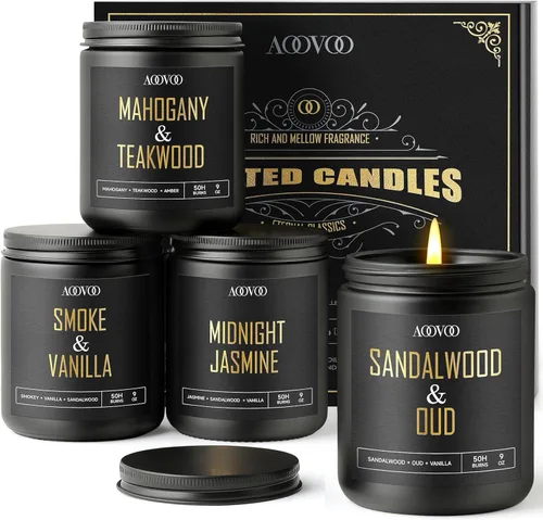 AOOVOO Velas perfumadas para hombres – Paquete de 4 velas para el hogar, cera de soja de 36 onzas, tiempo de combustión de 200 horas, juego de velas