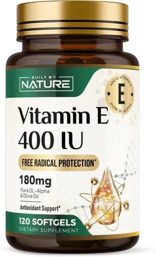 Built by Nature Vitamina E con aceite de oliva – 400 UI (dl-alfa tocoferol) – Suplemento antioxidante de alta potencia para la salud inmunológica,