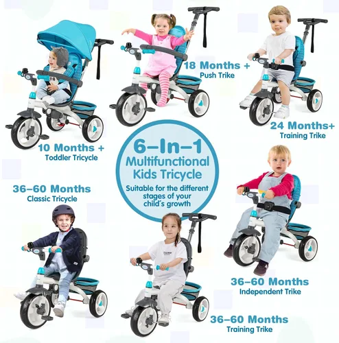 Miniatura 2 de Costzon - Triciclo para niños pequeños, 6 en 1 con mango para padres, toldo ajustable, almacenamiento, arnés de seguridad y frenos de rueda