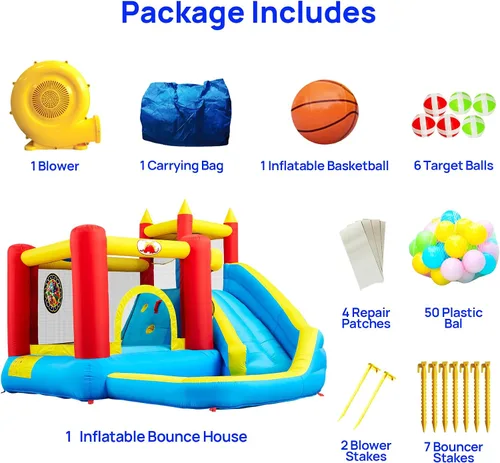 Miniatura 5 de WELLFUNTIME - Casa inflable para saltar con tobogán, castillo hinchable con ventilador, pared de escalada, diana, aro de baloncesto y 50 pelotas