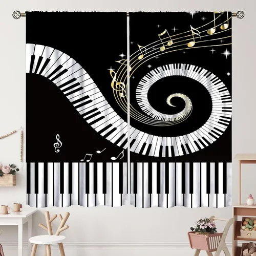 Miniatura 45 de Cortinas de notas musicales, rústicas, mágicas, notas musicales, arte retro, piano y violín, cortina con bolsillo para barra para dormitorio, sala