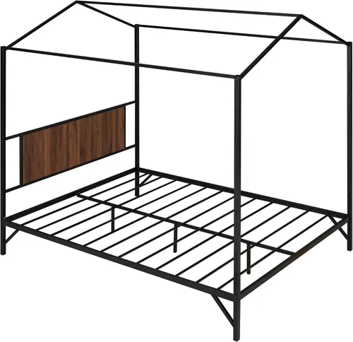Miniatura 7 de Cama de metal simple con base de tablillas, cama de plataforma tamaño Queen con techo y cabecero, para niños, adolescentes, niños, niñas, uso