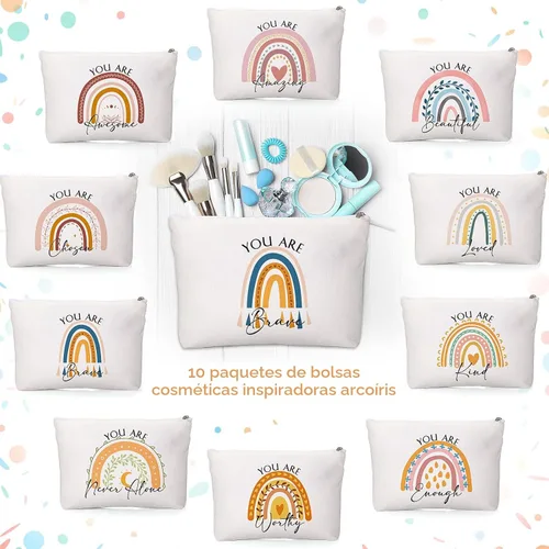 Miniatura 4 de Coume 10 bolsas de maquillaje de lona a granel, citas inspiradoras con cremallera cosmética, bolsa de viaje de aliento para mujeres, profesores