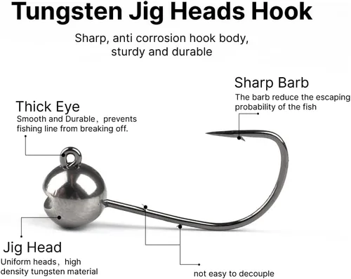 Miniatura 4 de 10 cabezas de tungsteno con soporte para cebo, cabeza redonda para pequeños cebos de plástico y peces, Crappie y Bluegills Sin pintar