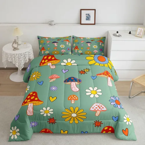 Miniatura 12 de Lindo juego de edredón de flores para niños y mujeres. Juego de ropa de cama de flores coloridas de dibujos animados, tamaño individual, bonito