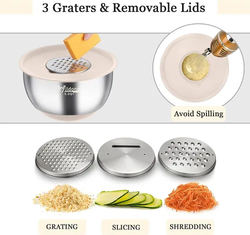 Miniatura 3 de Wildone Cuencos para mezclar con tapas herméticas, 22 PCS cuencos de acero inoxidable anidables, con 3 accesorios de rallador, marcas de escala